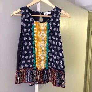 THML Navy and Yellow Patterned Sleeveless Blouse